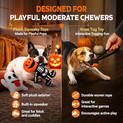 Pacific Pups Products Halloween Dog Toys for Small Dogs — 3-Pack | 2 Halloween Dog Plushies + Rope Toy | Soft, Squeaky & Spooky | Benefits Dog Rescue