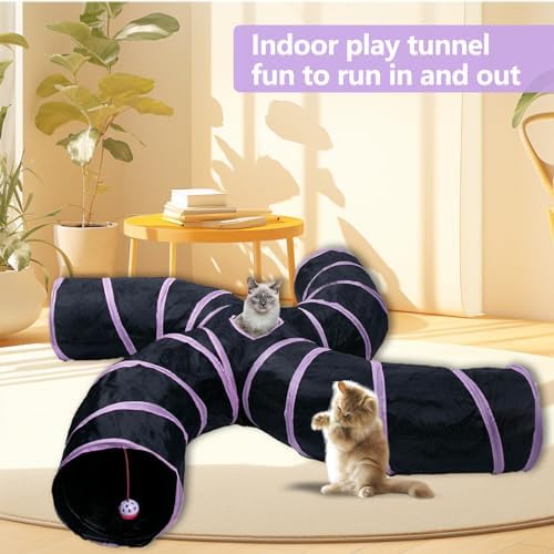 EGETOTA Cat Tunnel for Indoor Cats Large, with Play Ball S-Shape 4 Way Collapsible Interactive Peek Hole Pet Tube Toys, Puppy, Kitty, Kitten, Rabbit (S4 - Black & Pink)