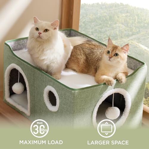 Bedsure Extra Wide Cat House Bed with Fluffy Ball and Scratch Pad,Green