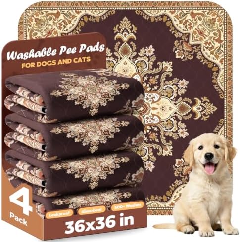 Washable Pee Pads for Dogs 36" x 36" - 4 Pack, Brown, Stylish Reusable Puppy Training Pads - 100% Waterproof & Leak-Proof & Non-Slip, Potty Pads for Whelping, Crate, Floor