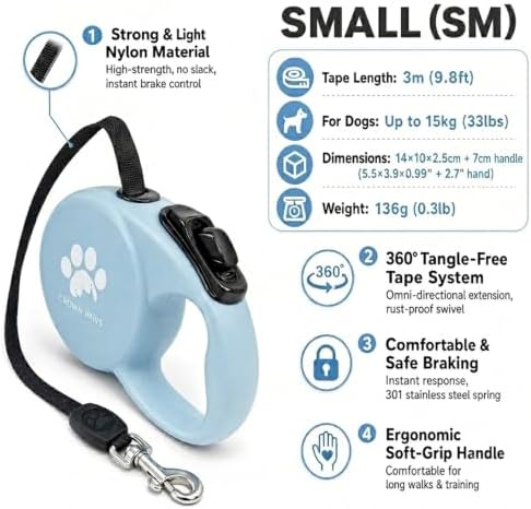 Retractable Dog Leash (Small), 10ft Heavy Duty Nylon Tape for Dogs up to 33 lbs, One-Hand Brake & Lock, Tangle-Free, Compact Lightweight Design, Blue S GC-DAN
