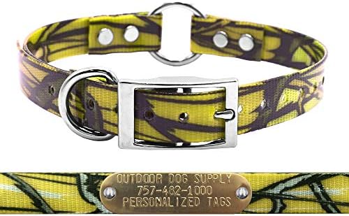 Waterproof D & Center Ring Dog Collar w Custom Name Tag 3/4x15, YEL Camo