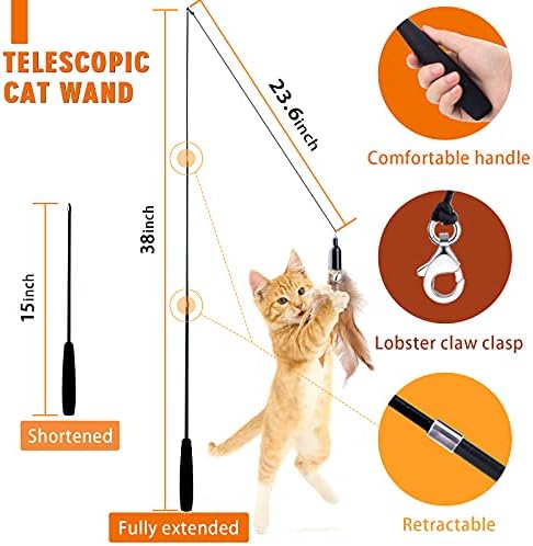 Retractable Cat Wand Toys - Interactive Feather Wand with Bell for Indoor/Outdoor Cats, 8 Pack