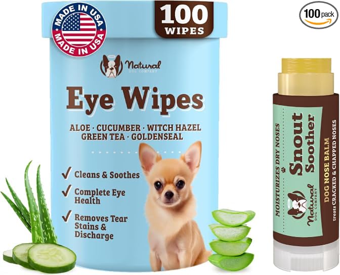 Natural Dog Eye Wipes & Snout Soother Travel Stick Bundle – Tear Stain Remover Wipes 100ct + Dog Nose Balm for Dry Noses 0.15oz, Gentle, Natural Ingredients, Lick-Safe, Travel-Friendly Dog Care Set