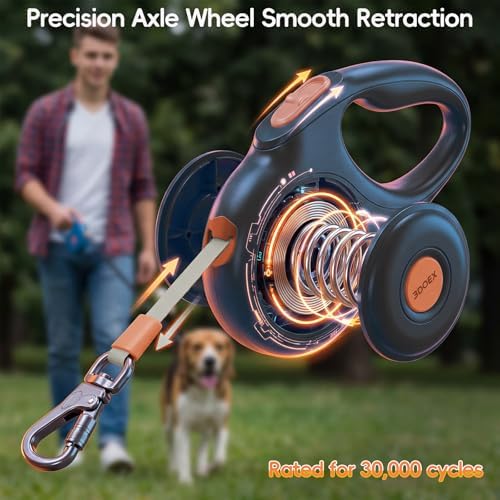 Retractable Dog Leash 16FT for Small & Medium Dogs, Sturdy Heavy-Duty Nylon Tape with Secure Locking Carabiner & Poop Bag Holder, Smooth One-Hand Control, Anti-Slip Handle, Tangle-Free Design (Black)