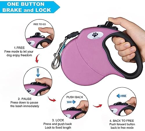 13 ft Retractable Dog Leash for Large Dogs up to 26 lbs,Tangle-Free Nylon Tape,Pink S