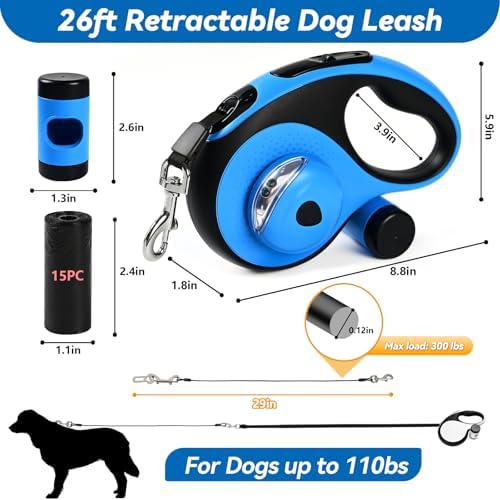 26ft Retractable Dog Leash for Large Dogs Up to 110lbs, LED Light, Blue