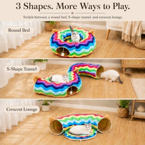 Large Cat Tunnel Bed Under Christmas Tree with Fluffy Toy Balls, Small Cushion and Flexible Design- 10 inch Diameter, 3 ft Length- Great for Cats, and Small Dogs, Rainbow Wave Color