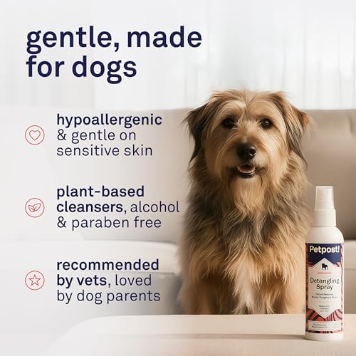Petpost | Detangling Spray for Dogs with Knots, Mats & Tangles - Naturally Rejuvenating Dog Hair Detangler for Healthier, Shinier, Stronger Fur - Oatmeal, Aloe, and Vitamin E Formula 8 oz.
