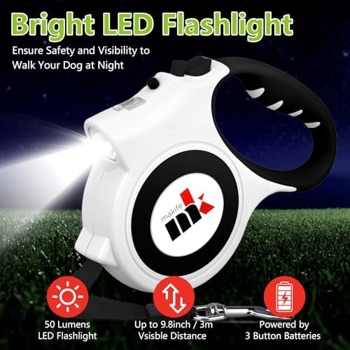 Retractable Dog Leash with LED Light Makife 5m Extendable Dog Lead for Small Medium Puppis up to 25kgs, One-Hand Brake & Lock System, Ergonomic Handle (White)