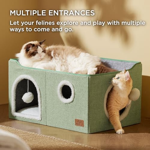 Bedsure Extra Wide Cat House Bed with Fluffy Ball and Scratch Pad,Green