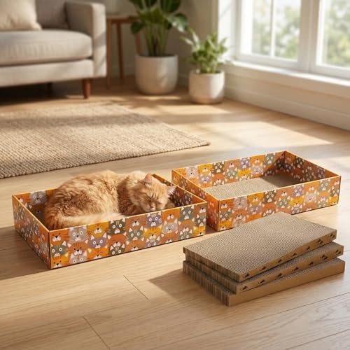 Pumtus Set of 2 Cat Scratching Boxes, 17x10 in 6 Pcs Corrugated Cardboard Pad with 2 Boxes, Large Cute Reversible Kitty Sofa Bed, Refillable Wave Shaped Lounge, Interactive Kitten Toy for Indoor Cat