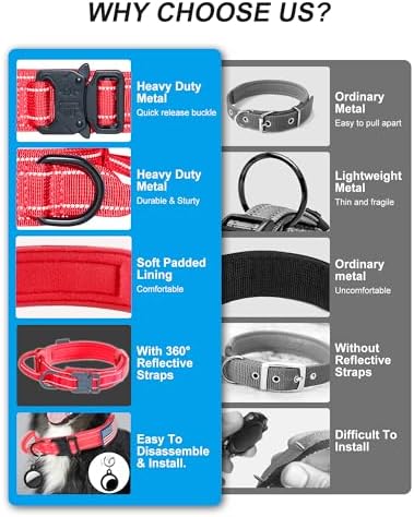 AUBELL Reflective Tactical Heavy Duty Dog Collar with Handle,Red L