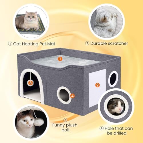 Indoor Heated Cat House, Adjustable Temperature Cat Heating Bed with Timer and Chew Resistant Cord, Large Cat House with Heating Pad for Small Medium and Large Cats
