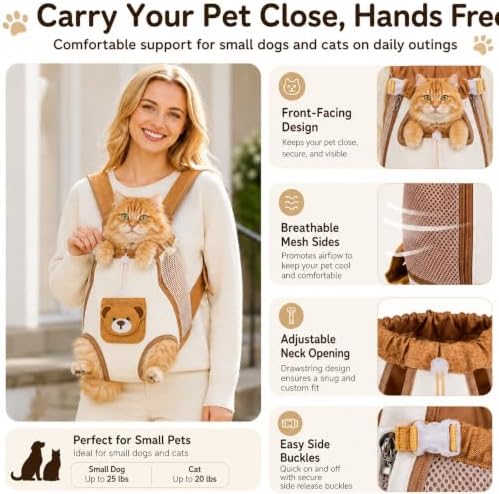 Dog Cat Front Carrier Backpack, Cute Bear Style for Small Pets，#A：Medium