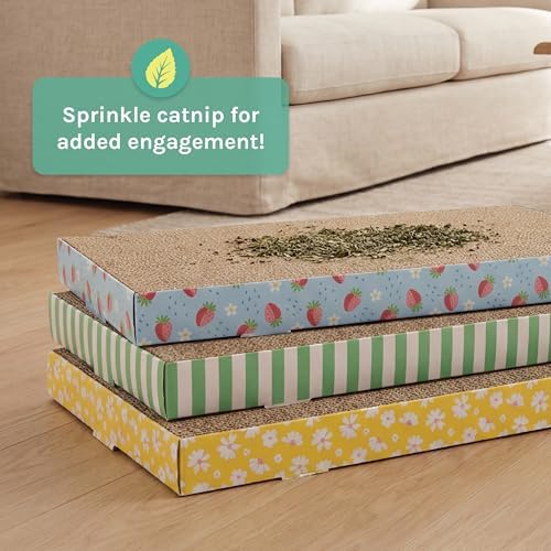 Kitty City 3-Pack XL Double Sided Corrugate Cat Scratcher Pads with Catnip - X-Large Horizontal Cat Scratcher Mats, Reversible Corrugate Nail File Scratchers - Spring Design, 18” x 10” Each