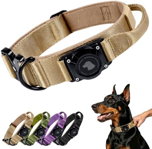 Tactical AirTag Dog Collar with Holder for Medium Large Dogs,Khaki, XL