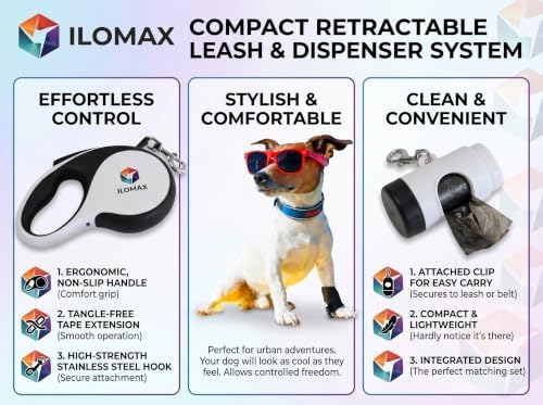 ILOMAX 360° Tangle-Free Retractable Dog Leash Built-in Waste Bag Dispenser Under Handle 2 Rolls Poop Bags Included Heavy Duty Tape Leash for Dogs up to 50kg Carry Pouch Included (White, XL)