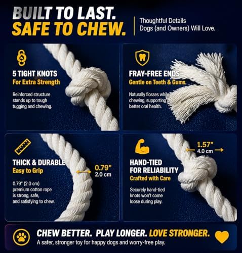 35" Dog Rope Tug Toy – 5-Knot Cotton Rope, Perfect Balance for Tug & Chew, Durable Interactive Toy for Medium & Large Dogs (22–88 lbs), Indoor & Outdoor, Washable, White