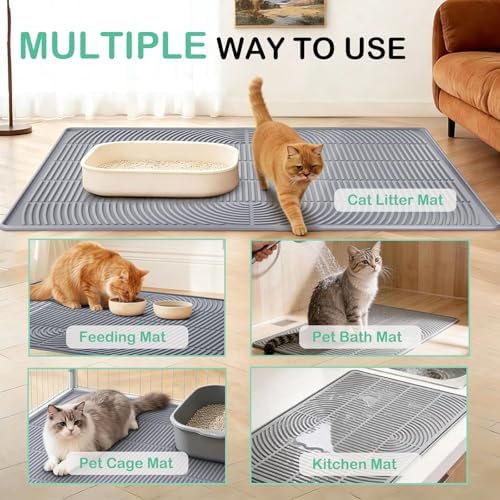 SORKUT Cat Litter Mat for Litter Box, 40x28 Inch Extra Large Silicone Litter Trapping Mat, Waterproof & Non-Slip Floor Protector, Soft on Kitty Paws, Easy to Clean & Durable, Gray