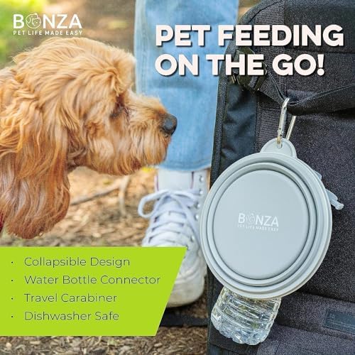 Bonza Collapsible Dog Bowls - 2 Pack, Small 12 oz, Dog Travel Accessories, Silicone Portable Dogs Bowl & Water Dish with Reinforced Rim & Carabiner for Hiking, Camping, and Car Trips, Black