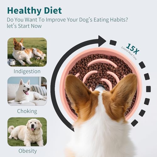 Pink Ceramic Dog Bowl Slow Feeder for Medium and Large Breed,1.5 Cup 8.26 in Slow Feeding Bowl,Puzzle Dog Food Bowl for Fast Eater,Maze Dish for Fast Eater