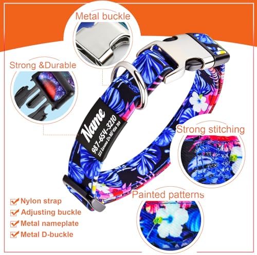 Engraved Personalized Dog Collar with Name Plate - Customized with ID Tag and Phone Number - 6 Styles for Boys, Girls, Male, Female, Puppies - Thin, Fancy Basic Collar (Medium)