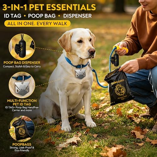 Dog Poop Bags Dispenser Stainless Steel Holder with Pet ID Tag | 555 leak proof bags dispenser and steel holder with writable ID tag for walks training and travel