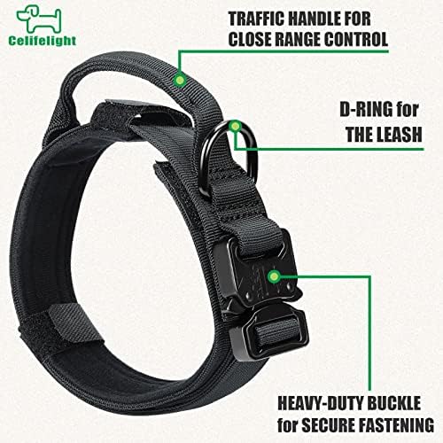 Tactical Military Collar - Adjustable Nylon, Heavy Duty Metal Buckle with Handle for Dog Training, with Patches (M, Black)