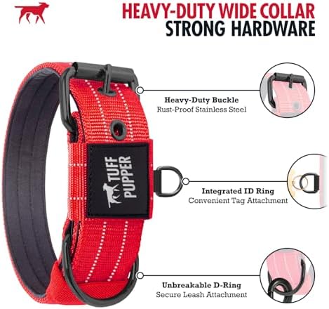 Tuff Pupper Heavy Duty Tactical Dog Collar | 1.5" Wide Ballistic Nylon | Reflective Stitching | Integrated ID Tag Holder | Stainless Steel Buckle | Padded Lining | Medium & Large Dogs (Red, Medium)