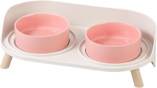 Raised Cat Food and Water Bowl Set - Elevated Ceramic Dishes with Non-Slip Stand and Splash Guard for Small Dogs - 2 x 320 ML (4.9 OZ) - Pink