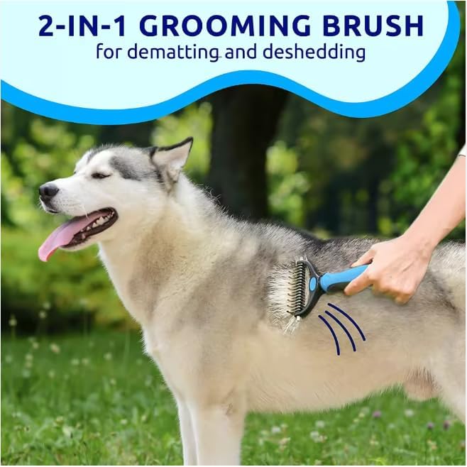 Undercoat Rake and Dematting Brush for Dogs & Cats - Professional 2-in-1 Pet Grooming Tool - Removes Stubborn Mats, Knots, and Tangles Safely and Gently - Reduces Shedding for Heavy-Coated Pets (Blue)