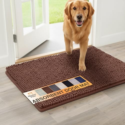 Neater Pets Muddy Paws Dog Door Mat 36” x 24” – Super Absorbent & Quick-Dry Chenille Doormat for Trapping Dirt, Water, Mud - Non-Slip & Machine Washable Pet Rugs for Entryway, Indoor Mud Mats, Brown