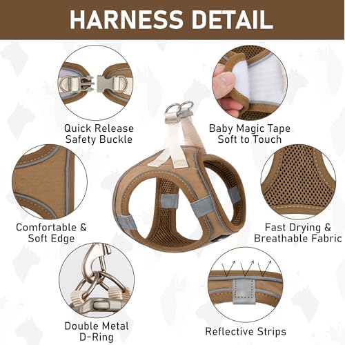 GAMUDA Small Pet Harness Collar and Leash Set, Step in No Chock No Pull Linen Fabric Soft Mesh Dog Vest Harnesses Reflective for Dogs Puppy Cats Kitten Rabbit (Brown, M)