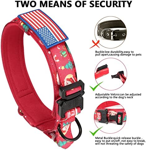 DAGANXI Christmas Tactical Dog Collar, Adjustable Military Training Nylon Dog Collar with Control Handle and Metal Buckle for Medium and Large Dogs, with Patches and Airtags Case (XL, Christmas red)