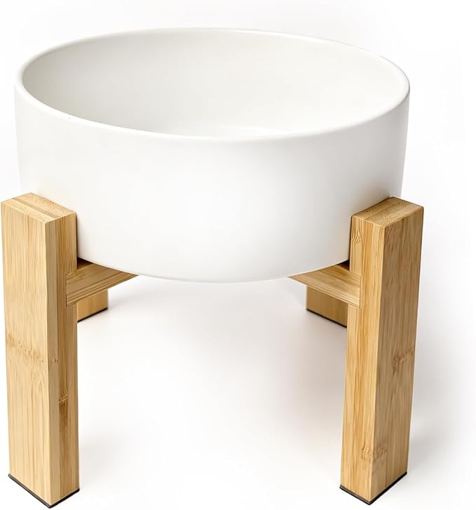 Raised Ceramic Large Dog Bowl - Heavy Weighted Dog Dish with Bamboo Stand - Elevated for Comfortable Feeding - 8.3" W x 8" H - 4.5 Cups (68 fl oz) - White