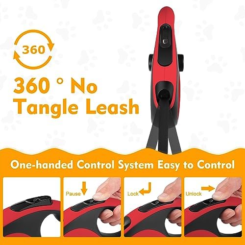 26 Ft Retractable Dog Leash with Chew Proof Cable - Red