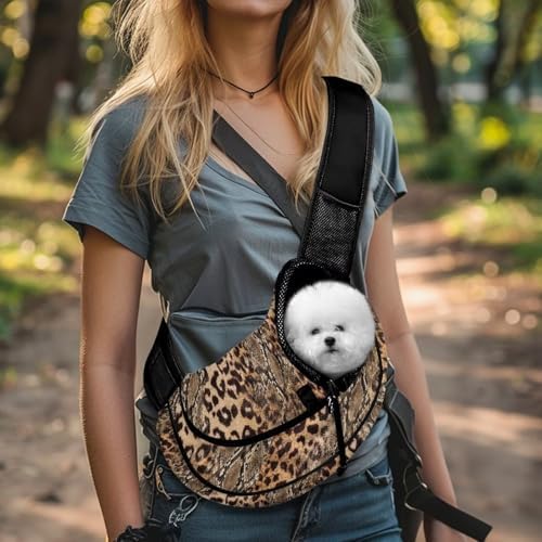 Leopard Animal Print Dog Carrier Sling Breathable Front Sling Puppy Carrier Travel Pet Sling Bag for Small Dog Cats Outdoor Hands Free Pet Slings Backpack with Adjustable Strap