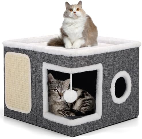 Shikha Cat House Bed for Indoor Cats with Fluffy Ball and Scratch Pad Grey