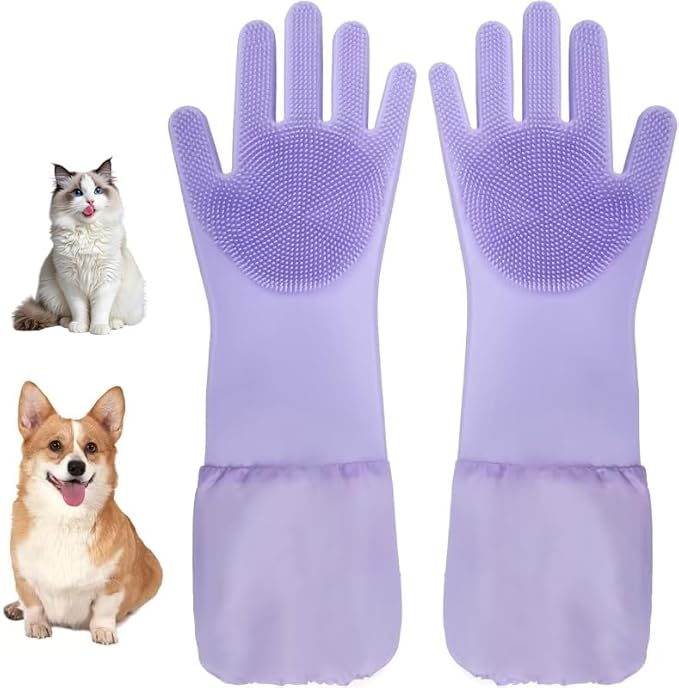 Dog Washing Gloves & Hair Remover for Cats and Dogs,Dog Bath Gloves with Extended Length,Comfortable Dog Bath Gloves for Gentle Bathing Efficient, Multifunctional Silicone Pet Gloves(Purple