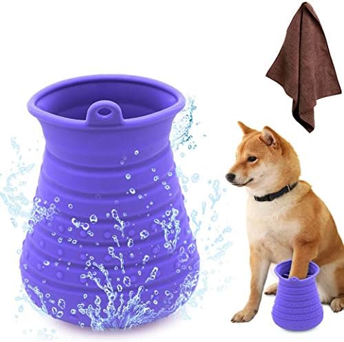 Idepet Dog Paw Cleaner Cup with Towel Pet Foot Washer Protable Dogs Cleaning Brush for Puppy Cats Massage Grooming Dirty Claws (Purple)