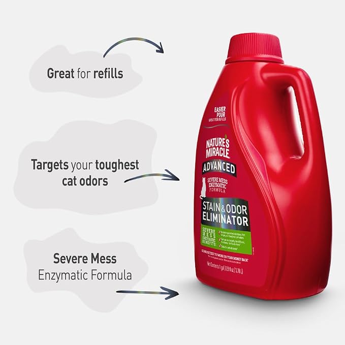 Nature’s Miracle Advanced Cat Stain & Odor Eliminator, Severe Mess, 1 gal | Enzymatic Cleaner Eliminates the Toughest Cat Messes, For Use on Multiple Surfaces, Safe For Pets and Home*, Fresh Scent