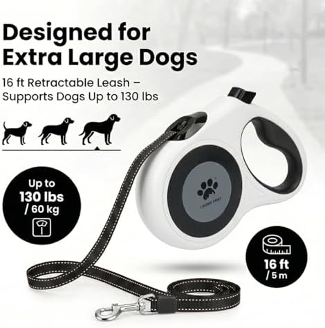 16 ft Retractable Dog Leash for Extra Large Dogs up to 130 lbs,Tangle-Free Nylon Tape,White Dan24 XL