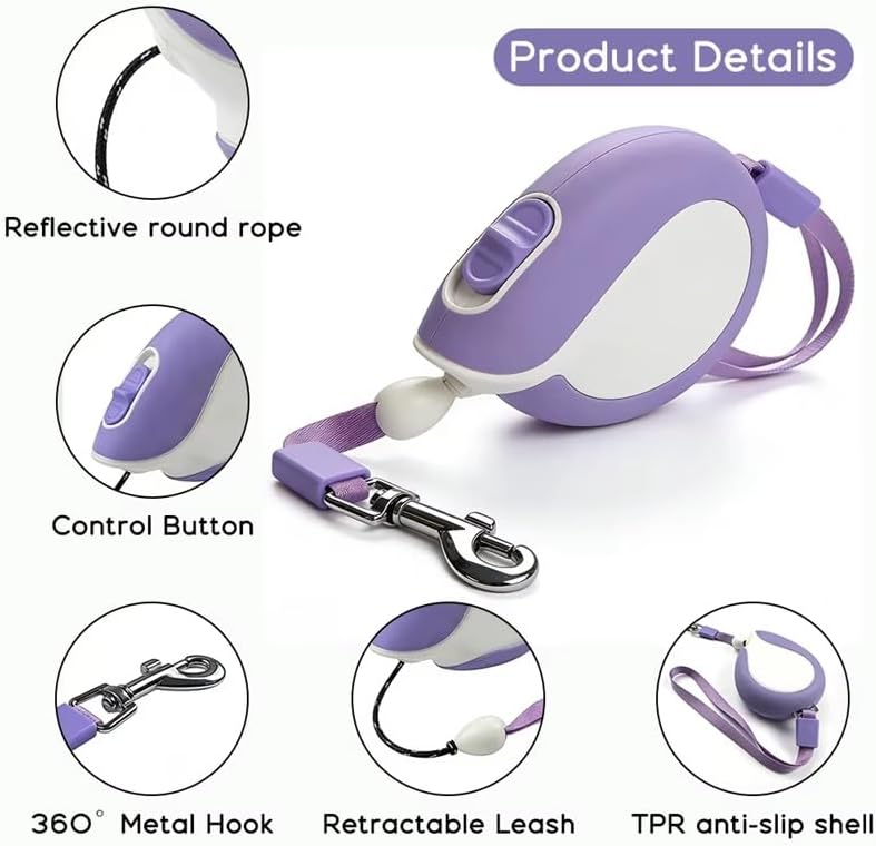 Mini Retractable Dog Leash 3M/10FT Automatic Lead 360° Tangle-Free Quick Brake Button Extendable Rope for Small Dogs Outdoor Travel Walking Hiking Pet Cat Traction