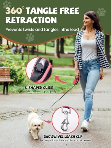 Retractable Dog Leash with Led Light, Douexio 16ft Heavy Duty Dog Leash Retractable for Medium Large Dogs Up to 110lbs,360° Tangle-Free, One-Button Control, High Strength Hook (Red, 66-110lbs)