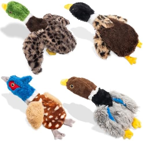Stuffing-Free Duck Dog Toys, 4 Pack Squeaky Crinkle Plush Dog Toy Set, No-Stuffing Puppy Toys for Small & Medium Dogs, Soft Dog Toys for Light to Moderate Chewers