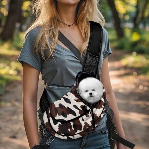 Cow Print Puppy Sling Carrier Breathable Small Dog Cat Sling Pet Carrier Bag Comfortable Carrier Shoulder Carrier Adjustable Pouch Tote Handbag for Small Pets