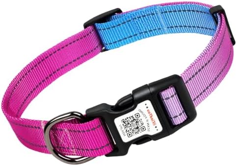 Personalized Dog Collar with QR Code Dog Tag, Blue&Rose Red M