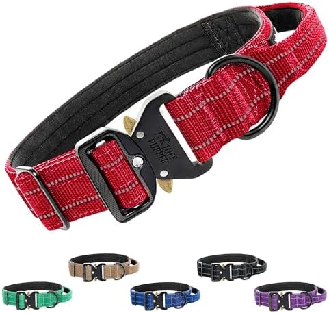 Tuff Pupper Tactical Dog Collar | Heavy Duty 1.5" Wide Ballistic Nylon | Training Control Handle | Quick-Release Metal Buckle | Reflective Bands | ID Tag Holder | Padded Inner Lining (Red, Large)