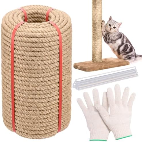 Natural Jute Cat Sisal Rope, Boho Colorful Cat Tree Rope, Multipurpose for Scratching Post Replacement, Lightweight for Indoor & Outdoor, Marine and DIY Projects(1/3in ×164ft,Original Color)